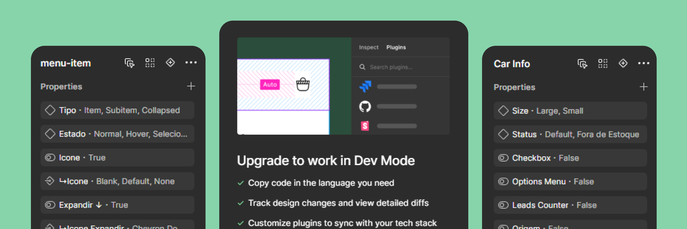 Propriedades de componentes e Dev Mode no Figma
