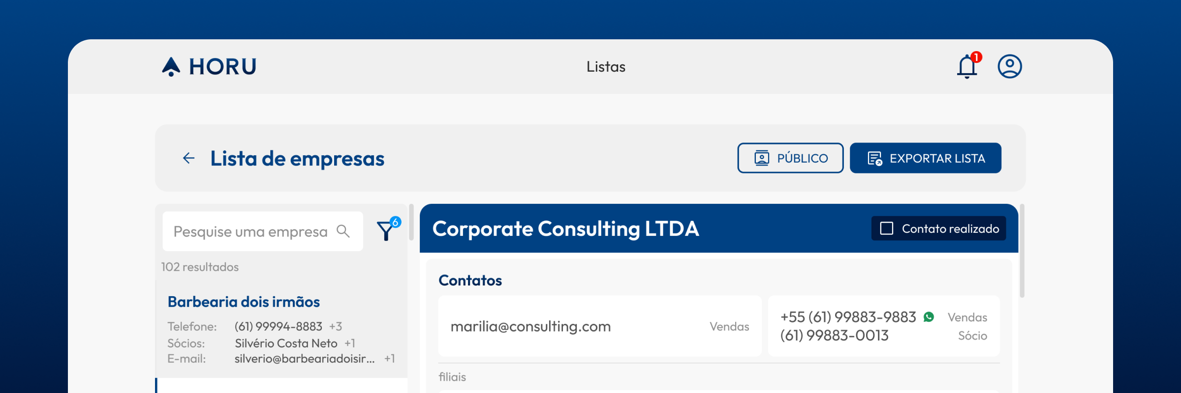 Versão final da plataforma Horu: lista de empresas e contatos